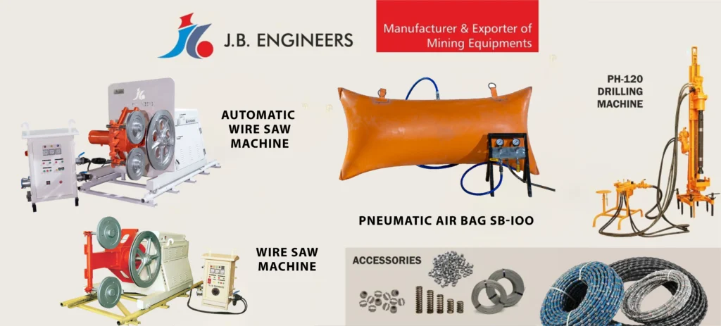 JB Engineers product showcase featuring Automatic Wire Saw Machine, Wire Saw Machine, Pneumatic Air Bag SB-100, PH-120 Drilling Machine, and mining accessories
